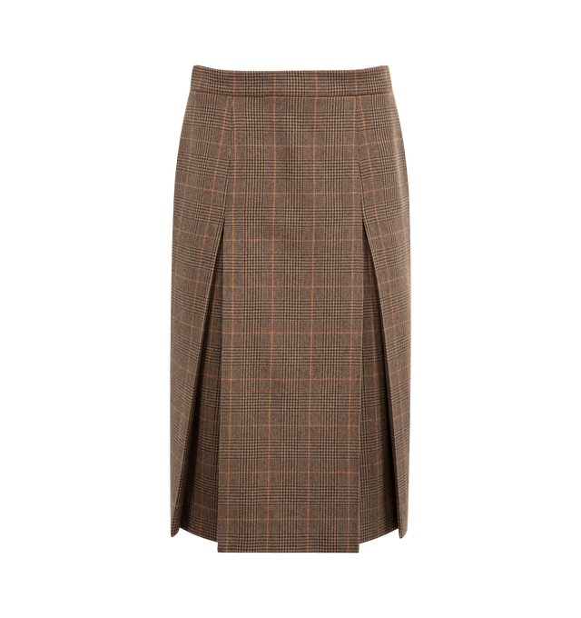 Image 1 of 4 - BROWN - SAINT LAURENT Midi Skirt in Prince of Wales Wool and Cashmere featuring inverted box pleat midi skirt made with certified wool, silk lining, concealed side zip closure and concealed side pockets. 90% new wool, 10% cashmere. Made in Italy.