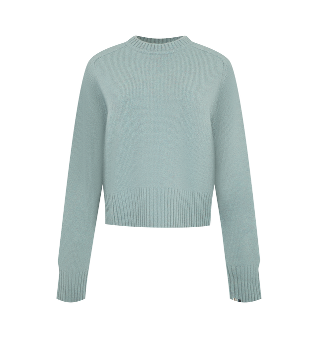 Image 1 of 2 - GREEN - Extreme Cashmere Women's N167 Please Sweater is crafted from heavyweight cashmere and features a classic crew neckline, saddle sleeves, and ribbed trim inspired by traditional Scottish knitwear. This designer cashmere sweater combines exceptional softness with timeless craftsmanship, making it a warm and versatile wardrobe essential for everyday wear. Main Material: 100% Cashmere.