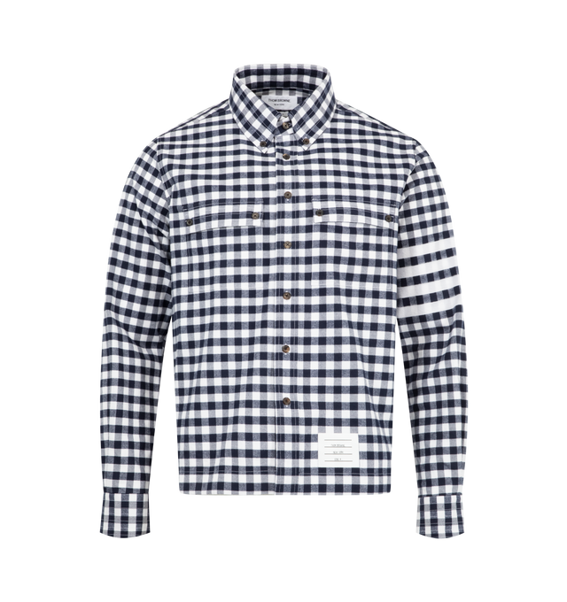 Image 1 of 2 - NAVY - THOM BROWNE Gingham Flannel Shirt featuring front button closure, 4-bar detailing, name tag applique, 2 chest flap pockets with button fastening, pleated back yoke with locker loop and signature striped grosgrain loop tab. 100% cotton. Made in Italy.