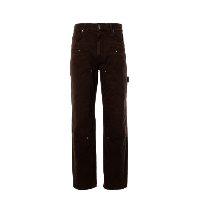Image 1 of 3 - BROWN - GIVENCHY Studded Carpenter featuring denim construction, silver rivets, five-pocket design and straight leg. 100% cotton. 