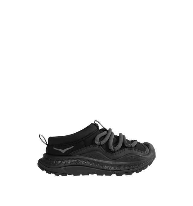 Image 1 of 5 - BLACK - HOKA Ora Primo Sneaker featuring soft knit collar, insulated puff upper, slip-on style, zig-zag stitch detail, round elastic lace system and protective toe bumper. Nylon, textile. Rubber sole.