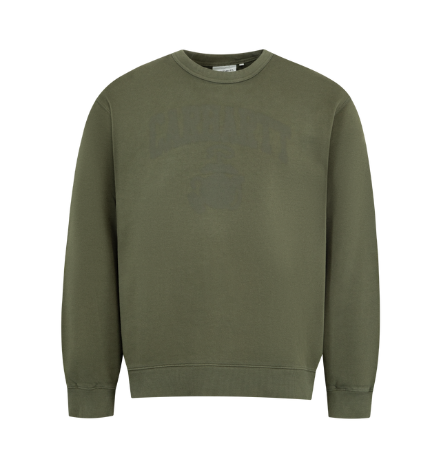 Image 1 of 2 - BLUE - CARHARTT WIP Faded Pond Corps Sweatshirt featuring a heavyweight, unbrushed polycotton fabric with a tactile loopback construction, balloon fit, dropped shoulders, ribbed trims and a graphic print on the chest. 100% cotton.