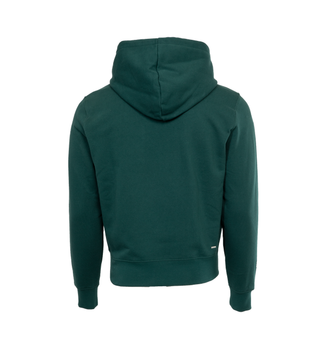 Image 2 of 3 - GREEN - AMIRI Staggered Logo Hoodie featuring slouchy hood, drop shoulder, front pouch pocket, straight hem and embroidered logo at the chest and back. 100% cotton.  