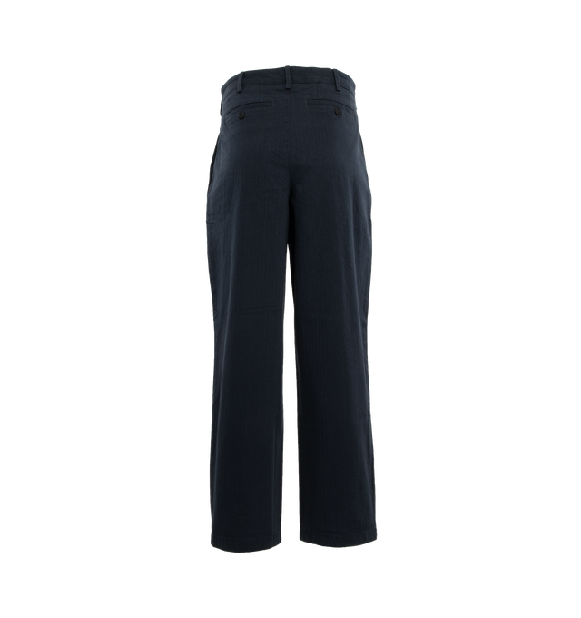 Image 2 of 3 - NAVY - NOAH Double-Pleat Herringbone Pant featuring double-pleated front with zip-fly and button closure, side seam pockets and besom back pockets with button closures. 100% cotton. Made in Portugal. 