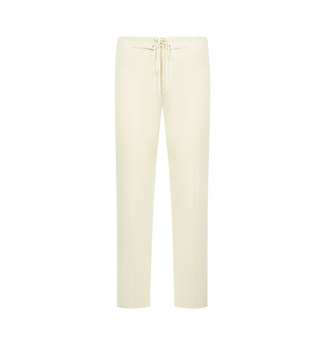 Image 1 of 3 - WHITE - AURALEE Ox Drawstring Pant featuring regular fit, elasticated drawstring waistband, side pockets, one back flap pocket and straight leg. 41% wool, 38% cotton, 21% linen.