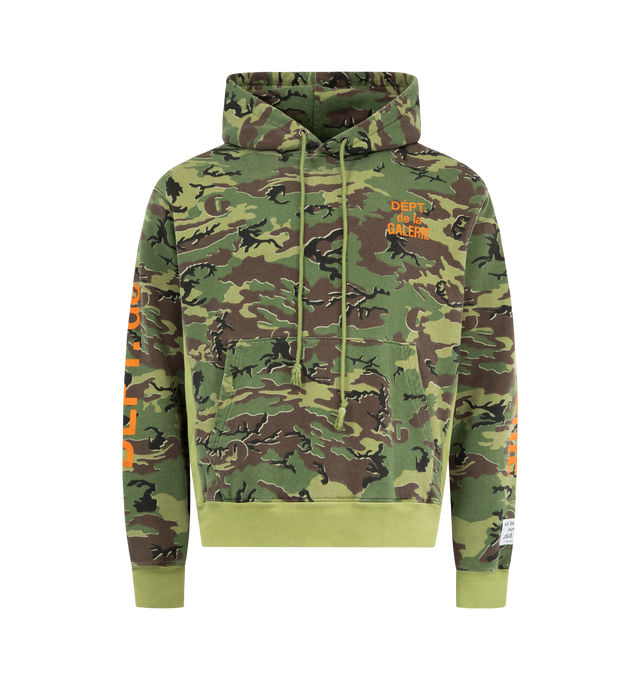 Image 1 of 4 - GREEN - GALLERY DEPT. Dept. De La Galerie Hoodie featuring oversized fit, front pocket, all-over camo print, shrunken FRENCH DPT. logotype on the front, and enlarged on back and sleeves, appliqud with our 'art on display' patch by the cuff and patent wash process that uses unique fading techniques for each piece, inclusive of logos and graphics. 100% cotton. Made in USA.