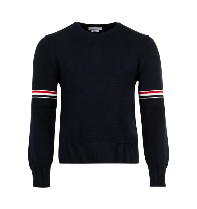 Image 1 of 2 - NAVY - THOM BROWNE Cotton Milano Stitch Stripe Pullover featuring crew neckline, signature striped grosgrain armbands, buttoned side vents and cuffs with signature striped grosgrain trim and signature striped grosgrain loop tab at back of neck. 100% cotton. Made in Italy.