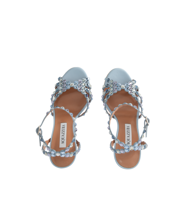 Image 4 of 4 - BLUE - AQUAZZURA Tequila Sandal 105 featuring adjustable buckle closure, stiletto heel, padded leather insole, crystals throughout and signature logo detailing. 105 mm. Made in Italy.