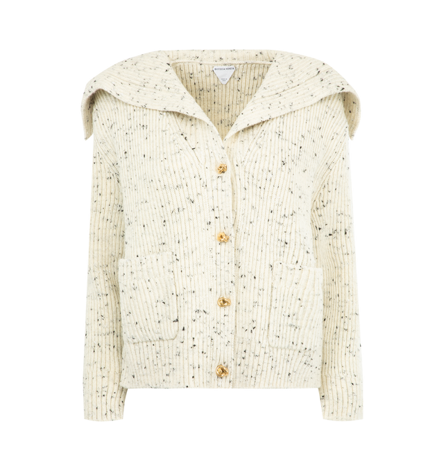 Image 1 of 2 - WHITE - BOTTEGA VENETA Wool English Rib Cardigan featuring metal knot buttons, English rib and relaxed fit. 98% wool, 2% viscose. Made in Italy.