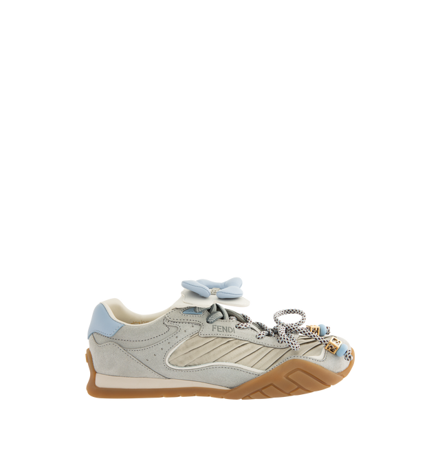 Image 1 of 5 - GREY - FENDI Wave Pulse Sneaker featuring lace-up closure, low-top, light gray satin with pleats and tone-on-tone suede inserts, leather heel collar, detachable, folded tongue decorated with a three-dimensional matching corolla, elastic laces combined with multicolor tubular laces and decorated with light blue beads and cubic elements with a gold-finish FF motif. Three-dimensional rubber logo applied on the side and tongue. Beige rubber running sole with wraparound edge on the side and diagon