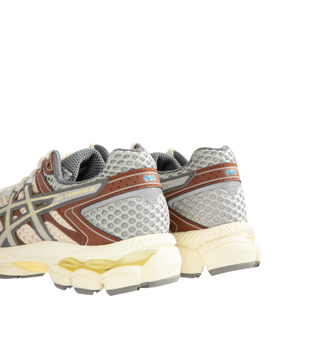 Image 3 of 5 - BROWN - ASICS Emmi X GEL-CUMULUS 16 Sneaker featuring a combination of matte synthetic leather overlays, no-sew paneling, open mesh underlays, dual GEL technology inserts, FLUIDRIDE and FLYTEFOAM technologies.