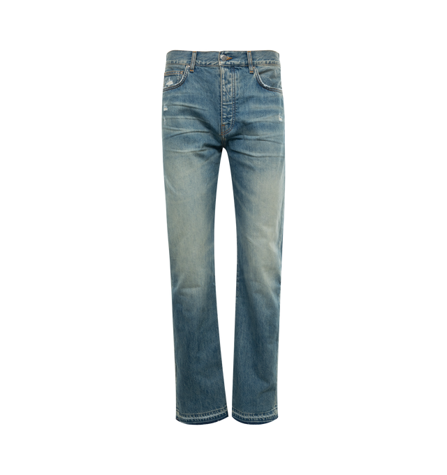 Image 1 of 2 - BLUE - AMIRI Release Hem Jeans featuring straight-leg, belt loops, five-pocket styling, button-fly, leather logo patch at back waistband, logo-engraved silver-tone hardware and contrast stitching in tan. 100% cotton. Made in United States. 