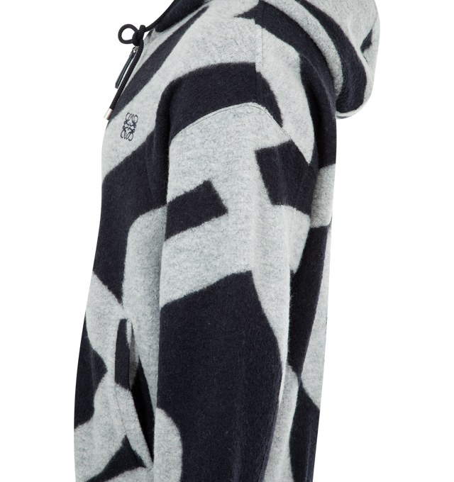 Image 3 of 3 - GREY - LOEWE Zip-Up Hoodie in medium-weight boucl wool and cotton featuring an allover placed oversized LOEWE L jacquard, relaxed fit, regular length, hooded collar, ribbed collar, cuffs and hem, zip front fastening with Puzzle puller and Anagram embroidery placed on the chest. Wool/cotton. Made in Portugal.