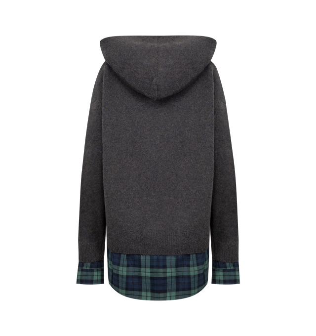 Image 2 of 2 - GREY - ACNE STUDIOS Layered Wool Hoodie featuring hooded knit sweater with a layered construction, crafted from soft, mid-weight yak-blend yarn with a minimalist finish, woven flannel shirting details at the hem and cuffs, dropped shoulders and cut to a relaxed fit with a below-hip length. 31% yak wool, 22% nylon, 16% wool, 31% alpaca. 100% cotton.