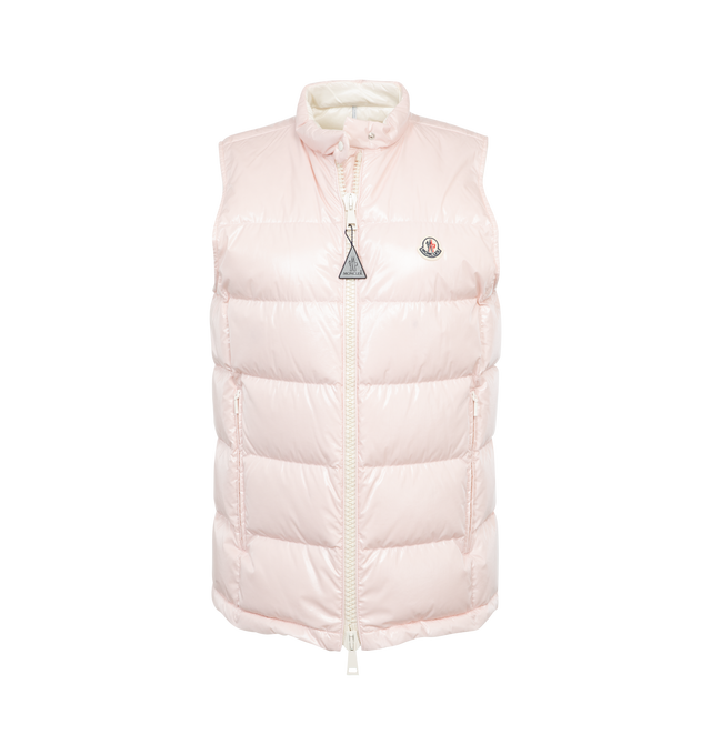 Image 1 of 2 - PINK - MONCLER Alcibia Puffer Vest featuring shiny patent finish, stand collar, two-way front zip, chest logo patch, sleeveless, side-entry zip pockets, mid-length and slim fit. 100% polyamide/nylon. Padding: 90% down, 10% feather. Made in Romania. 