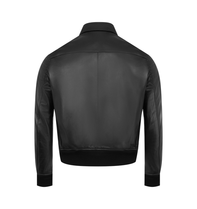 Image 2 of 3 - BLACK - TOM FORD Soft Nappa Plonge Collar Blouson Jacket featuring grained lambskin jacket, spread collar, two-way zip closure, welt pockets and embossed logo at waist, rib-knit hem and cuffs, utility pocket at sleeve, welt pocket at interior, cotton-blend twill lining and logo-engraved silver-tone hardware. 100% lambskin. Body lining: 56% cotton, 44% viscose. Sleeve lining: 61% cupro, 39% viscose. Made in Italy.