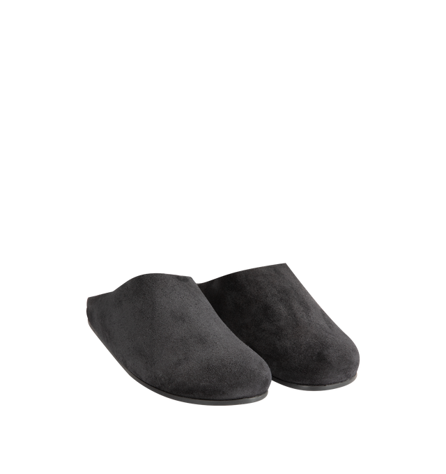 Image 2 of 4 - BLACK - The Row Women's Hudson Slide in Suede featuring relaxed slip-on shoe in natural suede with round toe, contoured footbed, and rubber sole. 100% calfskin leather. Rubber sole. Made in Italy.