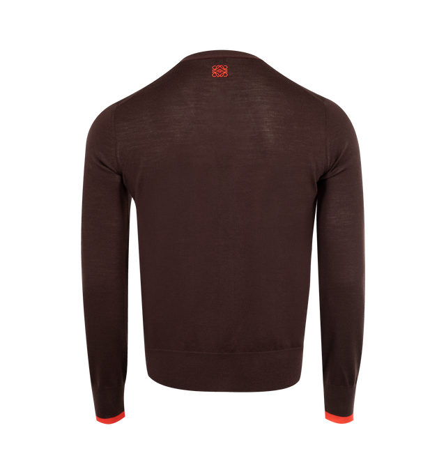 Image 2 of 2 - BROWN - LOEWE Cardigan in lightweight fine wool featuring contrast rib details at the inside collar, placket and cuffs, regular fit, regular length, jersey stitch, v neck, button front fastening, ribbed cuffs and hem and contrast Anagram embroidery placed at the back. Wool. Made in Italy.