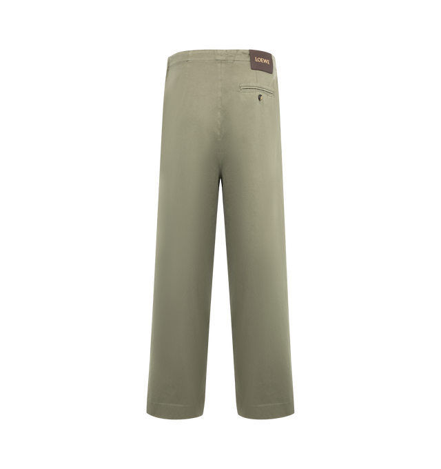 Image 2 of 4 - GREEN - Loewe Men's Trousers in medium-weight garment-dyed cotton satin featuring a gathered front with a decorative contrast belt. Regular fit, regular length featuring mid waist, straight leg, side zip fastening, seam pockets, buttoned rear jet pocket, pressed creases at the front and LOEWE embossed leather patch placed at the back. Cotton. Made in Italy.