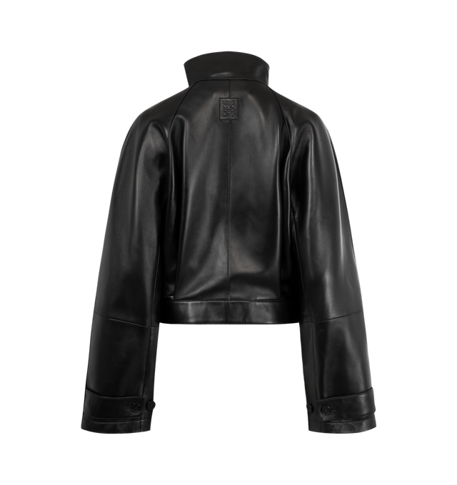Image 2 of 3 - BLACK - LOEWE Short Trench in medium-weight nappa lambskin featuring a high collar, an adjustable buckle belt at the hem, regular fit, short length, concealed button front fastening, raglan sleeves, cuff tabs, vertical welt pockets, inside welt pocket, fully lined and LOEWE Anagram embossed patch placed at the back. Nappa. Made in Spain.