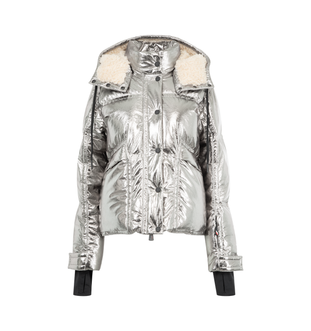 Image 1 of 5 - SILVER - MONCLER GRENOBLE Calaque Metallic Hooded Down Ski Jacket featuring metallic craquel, polyester lining, down-filled and padded, detachable and adjustable hood with teddy lining, YKK AcquaGuard highly water resistant zipper and snap button closure, pockets with snap button closure, inside media pocket with YKK AcquaGuard highly water resistant zipper closure, ski pass pocket, powder skirt, adjustable cuffs, hem with drawstring fastening and stretch jersey wrist gaiters. 100% polyester.