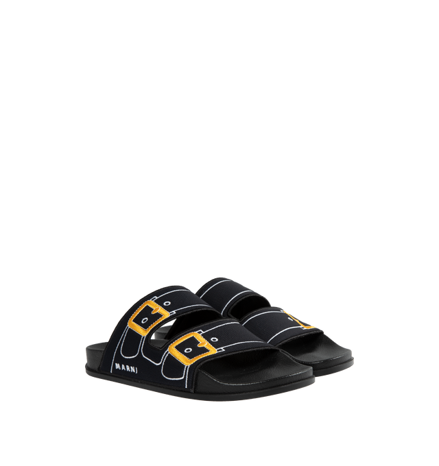 Image 2 of 4 - BLACK - MARNI Trompe L'Oeil Slider featuring padded fabric slider with trompe l'oeil embroidered buckle detailing, embellished with Marni lettering on the side and moulded footbed and rubber sole. 62% polyester, 26% polyamide/nylon, 12% elastane/spandex. Sole: 100% rubber. 