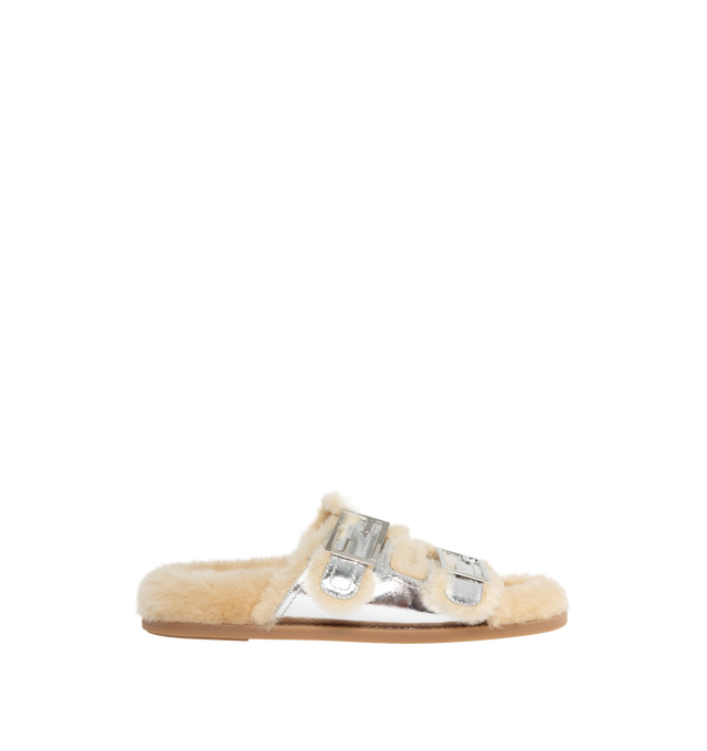 Image 1 of 4 - SILVER - FENDI Feel Sandal featuring double-band flat slides with FF Baguette decorative buckles. Made of silver-laminate nappa leather. Beige sheepskin details. Palladium-finish metalware. 100% lamb leather. Inside: 100% sheep fur. Made in Italy. 