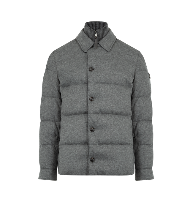 Image 1 of 3 - GREY - MONCLER Pres Cashmere Blend Down Shirt Jacket featuring smart cashmere blend jersey, Airsoft lining, down-filled, knit collar, zipper and button closure, zipped pockets, chest pocket with button closure, inner pockets with zipper and snap button closure and leather logo patch. 53% polyamide/nylon, 47% cashmere. Lining: 100% polyester. Padding: 90% down, 10% feather. Made in Moldova.