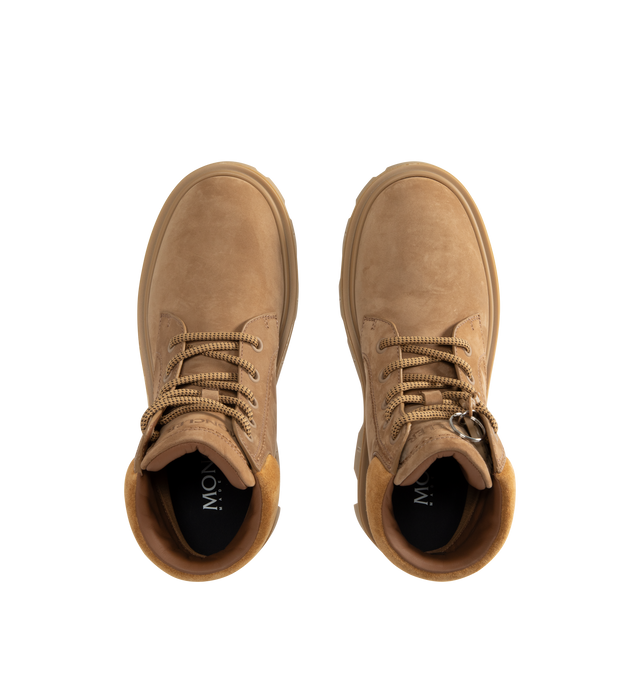 Image 4 of 4 - NEUTRAL - Moncler Mens Peak City Lace-Up Boots feature a nubuck and suede upper. Designed with a lace-up closure, leather welt, leather and mesh lining, cushioned back collar, rubberized TPU outsole, 13.5 cm shaft height, and 4 cm sole. Upper: Cow Leather; Lining: Cow Leather and 100% Polyamide/Nylon; Sole: 100% Elastodiene. Made in Italy.