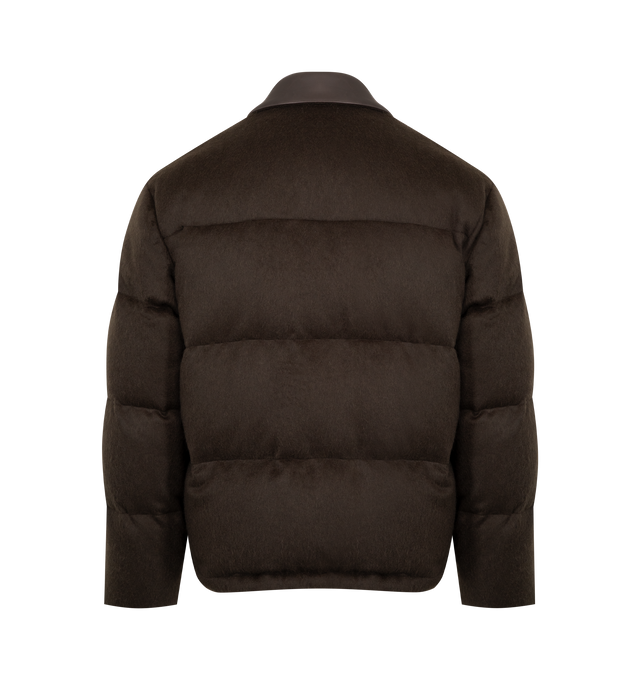 Image 2 of 4 - BROWN - AURALEE Baby Camel Flannel Down Blouson featuring concealed zipper closure with snap buttons, contrast collar, flap pockets on front with snap button closure, adjustable hem with drawstring and relaxed fit. 100% baby camel flannel.