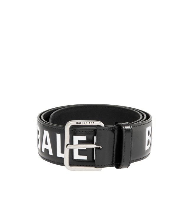 Image 1 of 2 - BLACK - BALENCIAGA Printed Letters Belt featuring box calfskin, Balenciaga logo printed, Balenciaga logo engraved on the buckle, aged-silver hardware, 5 notches on the belt and tone-on-tone leather loop. 100% calfskin. Made in Italy.