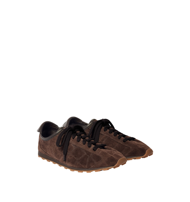 Image 2 of 4 - BROWN - JACQUEMUS Tennis Sneaker featuring soft crocodile-embossed suede, almond-shaped toe, flat laces, embossed logo on the tongue, embossed logo on the heel tab, removable leather-covered insole and rubber outsole in a round and square shape. 100% calf leather. Outsole: 100% thermoplastic polyurethane. Made in Portugal.