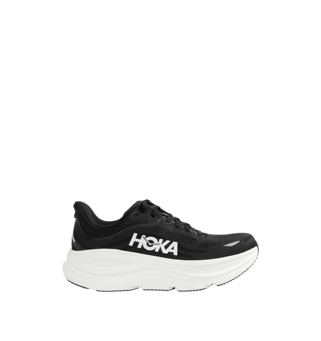 Image 1 of 5 - BLACK - HOKA M Bondi 9 Sneaker featuring engineered mesh upper with rubber sole, lace-up front, foamed EVA midsole and increased stack height for maximum cushioning, zonal breathability, reflective detailing and cushioned tongue and collar.