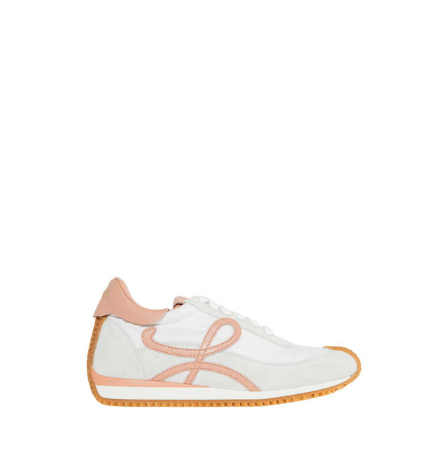 Image 1 of 5 - WHITE - Loewe Flow lace-up runner in  suede calfskin and nylon, featuring an L monogram on the quarter. The textured honey-coloured rubber outsole extends to the toe-cap and on to the back of the heel. Gold embossed LOEWE logo on the backtab. Made in: Italy. 