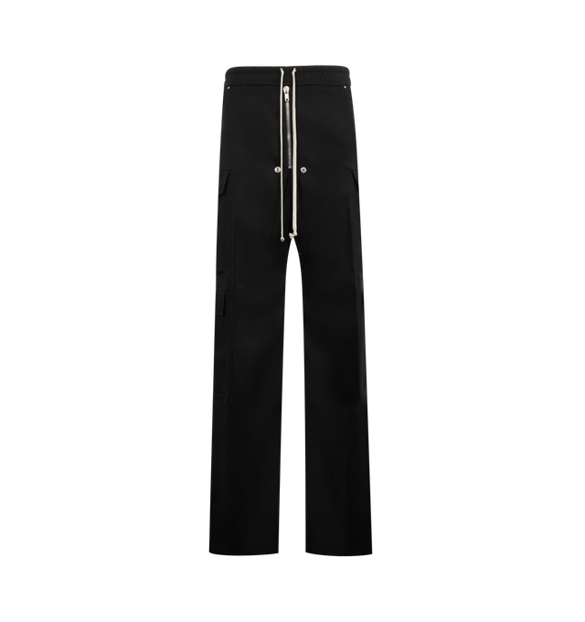Image 1 of 3 - BLACK - RICK OWENS Cargobelas Pants featuring wide-leg, drawstring at elasticized waistband, four-pocket styling, exposed zip fly, rivets, grommets, and press-stud hardware at front, dropped inseam and silver-tone hardware. Made in Italy.