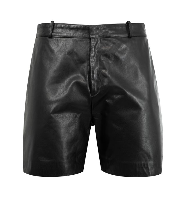 Image 1 of 3 - BLACK - SECOND LAYER Leather Shorts featuring belt loops, four-pocket styling, zip-fly and leather logo patch at back waistband. 100% leather. Made in Italy.