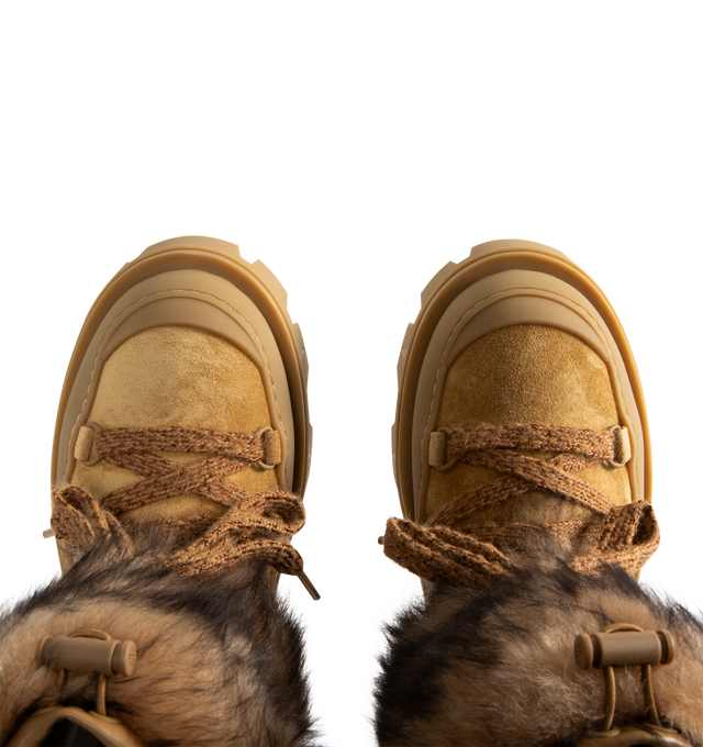 Image 4 of 4 - BROWN - MONCLER Peak Aprs Suede & Shearling Boots featuring long-haired lambskin and suede upper, mesh and neoprene insole, rubberized TPU sole with EVA filler and elastic drawstring and lace-up closure. Calf length 18 cm. Sole height 4.5 cm.