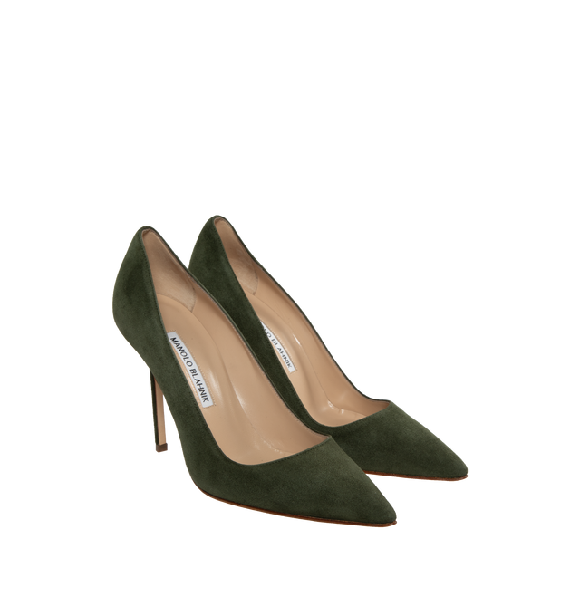 Image 2 of 4 - GREEN - MANOLO BLAHNIK BB PUMP 105MM featuring suede pointed toe and stiletto high heel. 105MM. 100% kid suede. 