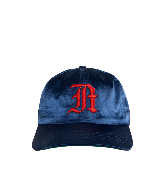 Image 1 of 2 - NAVY - NOAH Team Structured 6-Panel Hat featuring embroidered eyelets, adjustable snapback closure and embroidered graphic on front. 100% Japanese polyester satin with 100% cotton twill under visor. Made in USA.