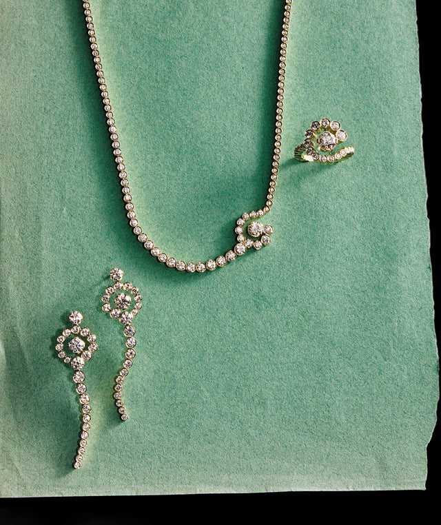 Diamond ring, necklace and earrings by Sophie Bille Brahe