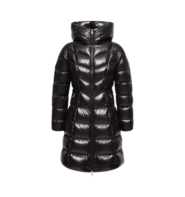 Image 1 of 1 - BLACK - Moncler Women's Marusse Hooded Mid-Length Down Jacket is crafted from glossy nylon laqu and features a sleek, slim-fit silhouette that redefines the classic puffer. Down-filled for lightweight warmth, this elegant coat combines a chevron-quilted upper with box quilting through the lower body for a distinctive finish. Designed with an adjustable hood, front zip closure, zipped pockets, and the signature logo patch at the sleeve, it balances everyday functionality with Monclers refined