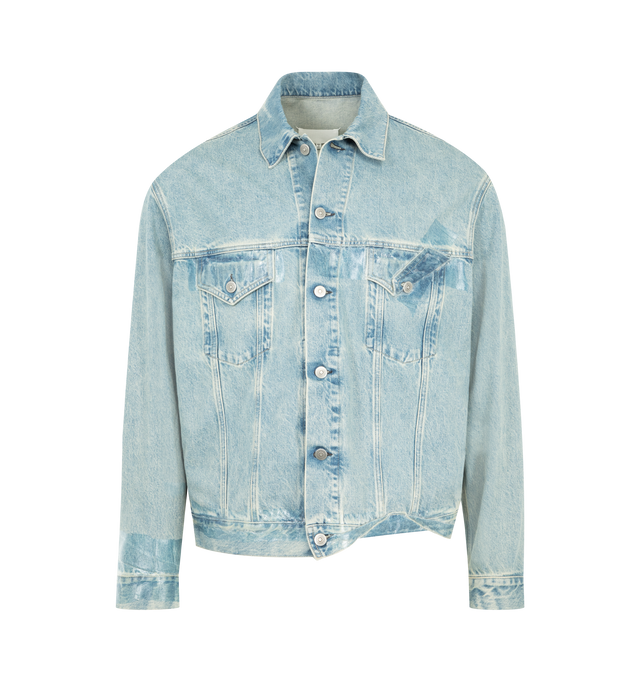 Image 1 of 3 - BLUE - MAISON MARGIELA Taped Denim Jacket featuring handpainted effect on chest and lower front, long sleeves, shirt collar neckline, front button closure and four stitches at the back. 100% cotton. Made in Italy.