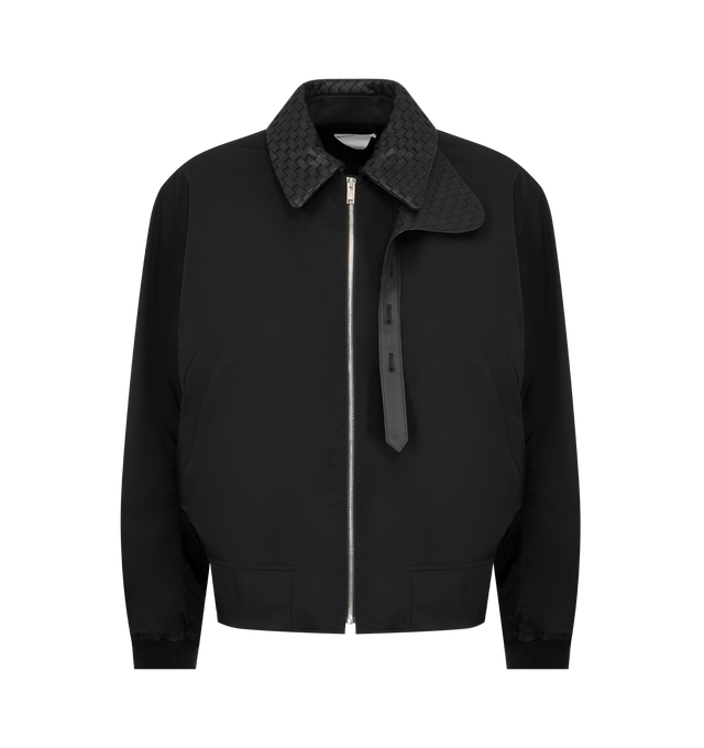 Image 1 of 3 - BLACK - Bottega Veneta Mens Bomber Jacket is crafted from polyamide. Features an Intrecciato-inspired woven collar, zip-front closure with snap-button placket, buttoned front pockets, ribbed cuffs and hem, and a regular fit. Main Material: 100% Polyamide. Made in Italy.
