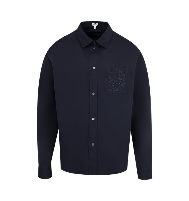 Image 1 of 2 - NAVY - LOEWE Shirt in lightweight cotton poplin featuring regular fit, regular length with classic collar, button front fastening, buttoned cuffs and LOEWE Anagram embroidered chest patch pocket. 100% cotton. Made in Italy.