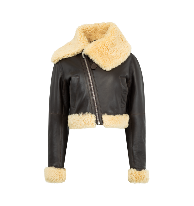 Image 1 of 3 - BROWN - JACQUEMUS Asymmetric Aviator Jacket featuring straight fit, double-sided lambskin leather shearling, asymmetric fur collar with adjustable strap, slanted zipper closure, large welt pockets, shearling fur-trimmed cuffs and hem and back yoke. 100% lamb leather. Made in Turkey.