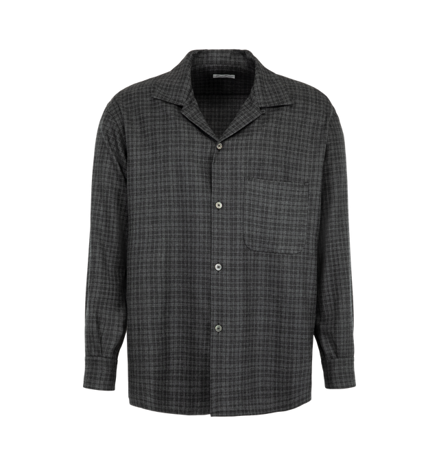 Image 1 of 2 - GREY - Kaptain Sunshine Men's Wool Plaid Open Collar Shirt is crafted from lightweight wool viyella check fabric woven from extra-fine Super 120's merino wool and pre-dyed melange yarns. The relaxed-fitting design features an open collar, a single chest pocket, a clean no-placket front, and a square hem. Milled and specially treated for washability, the refined flannel fabric offers a soft hand, clear finish, and lightweight warmth while remaining machine washable. Main Material: 100% Wool. M