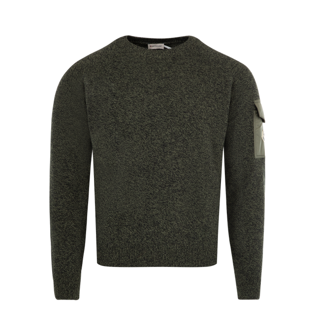 Image 1 of 3 - GREEN - MONCLER Moulin Wool & Cashmere Sweater featuring wool and cashmere blend moulin, stockinette knit, gauge 7, crew neck, longue saison sleeve pocket with snap button closure and logo patch. 90% virgin wool, 10% cashmere. Made in Moldova.