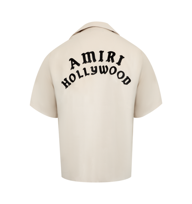 Image 2 of 2 - WHITE - AMIRI Hollywood Bowling Shirt featuring modal-blend sateen, open spread collar, button closure, patch pockets at chest and logo bonded at front and back. 87% modal, 13% polyester. Made in Italy.