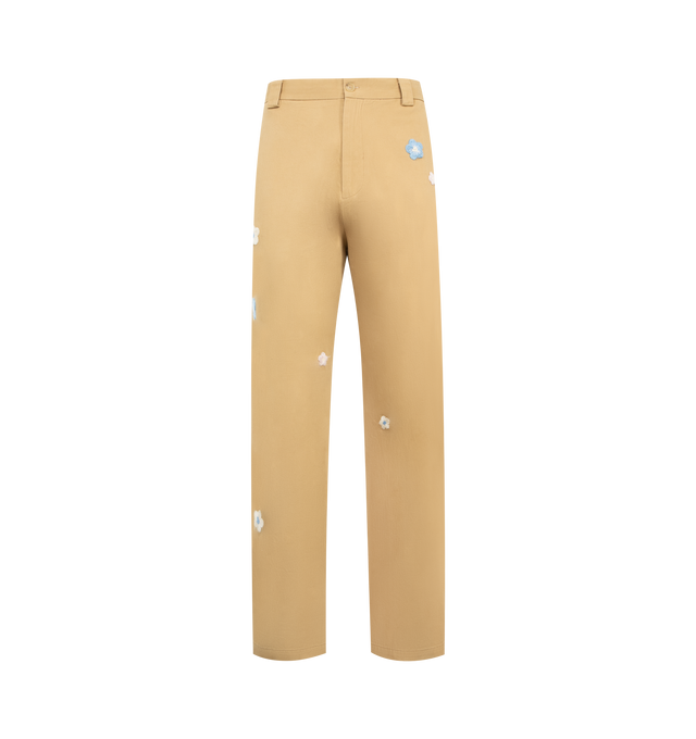 Image 1 of 4 - BROWN - NAHMIAS Flower Worker Pant featuring a straight-leg silhouette, flower embroidery throughout, button zip closure, side pockets, back welt pockets and belt loops at waist. 100% cotton.