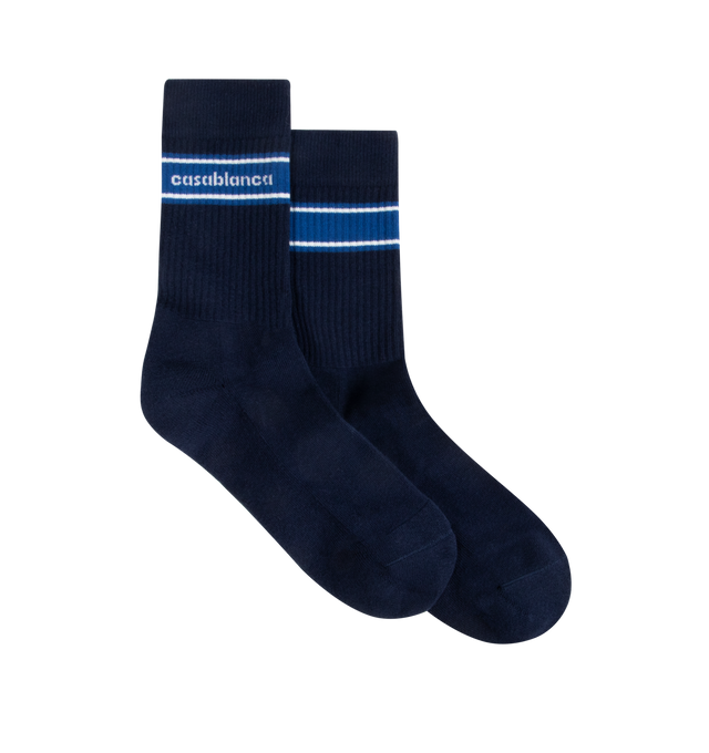 Image 1 of 2 - NAVY - CASABLANCA Sporty Stripe Socks featuring stripe detailing, rib legs and a contrast Casablanca logo around the cuffs. 87% recycled cotton 12% polyamide 1% elastane. Made in Portugal.